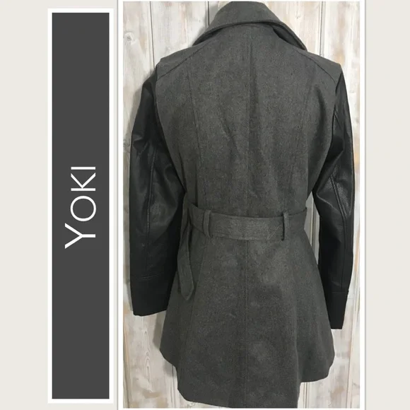 Yoki Mid-Length Coat Charcoal Body & Belt, Black Leather Sleeves Size XL NWT - Picture 3 of 7